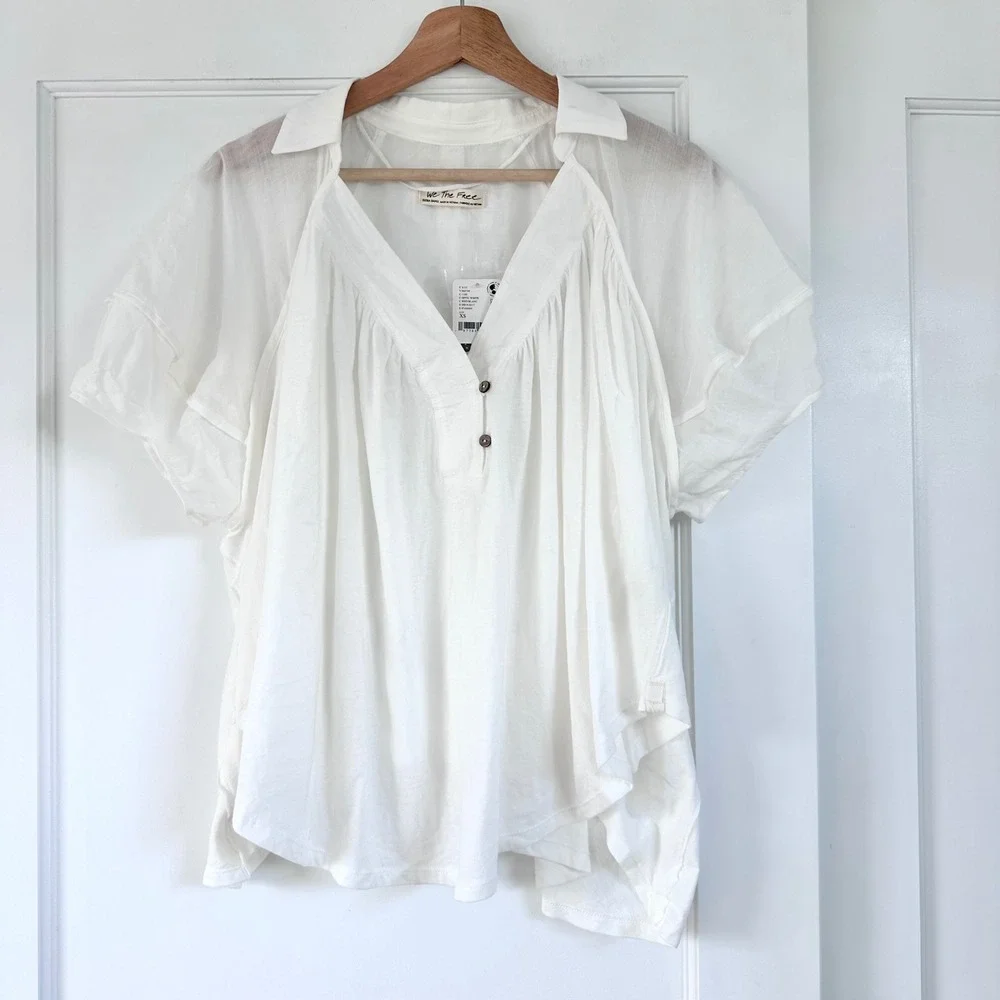 Free People We The Free Wildflower Top Optic White Cotton Ramie Blouse XS NEW